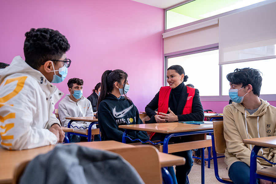 Adriana Lima visiting with students in Beirut after the blast in the port.